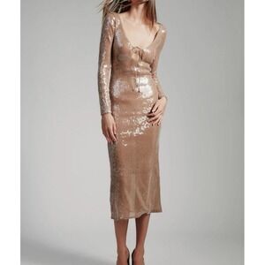 SOLD OUT MSRP $179 BARDOT Verona Sequin Midi Dress Nude Medium M 6 Glam Neutral